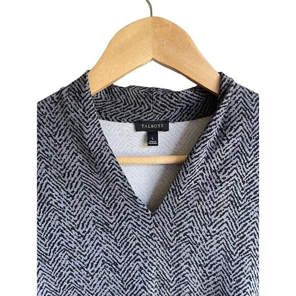 Talbots Size Large Gray Black Herringbone V-Neck Top Long Sleeve Rayon Blend - Picture 6 of 6